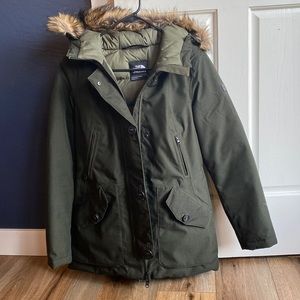 Small North Face winter coat with fur hood. Dark army green. Great condition